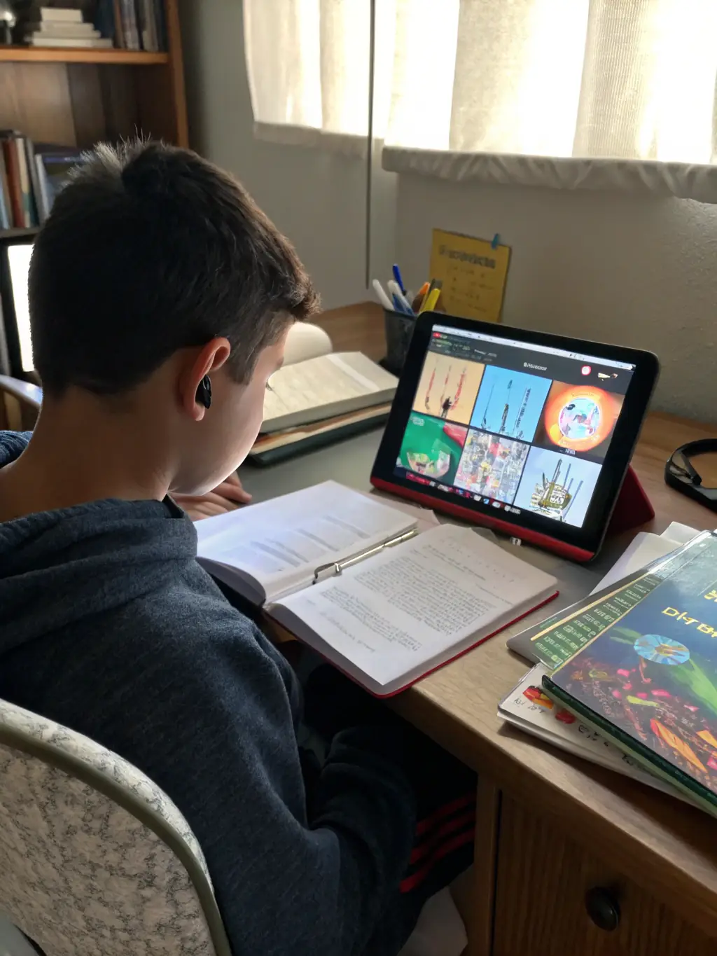 A split screen image showing a student happily watching a video on Valoi on the left and the original text on the right.