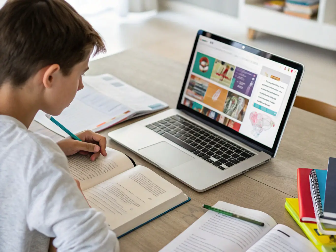 A student is watching a video of a novel adaptation on a tablet, with the original text displayed on the side. The setting is a cozy, well-lit study space, emphasizing the ease and comfort of learning with Valoi.